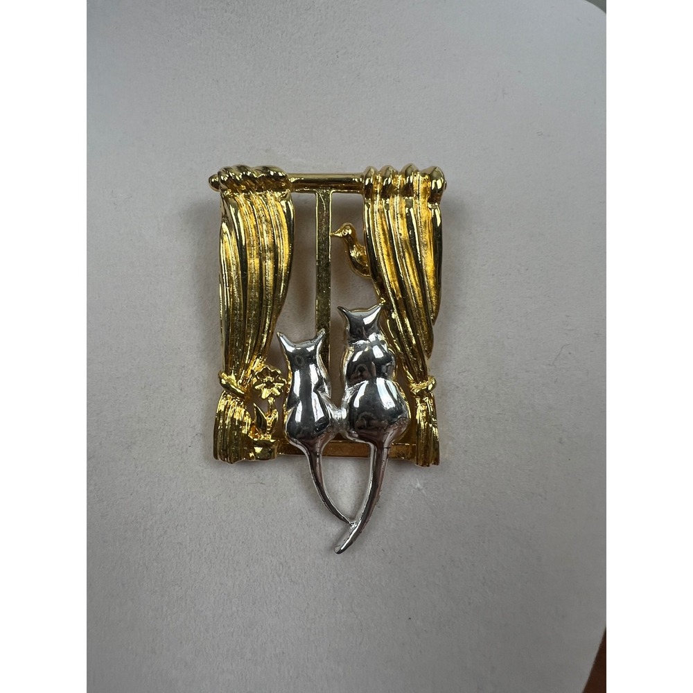 Vintage JJ Jonette Jewelry Cats in Window Bird Two Tone Gold Silver Brooch Pin